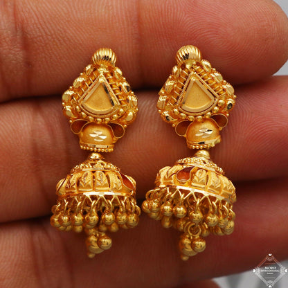 Handcrafted Solid Pure 22k Gold Earrings Jhumka jewelry, Women Gold Earrings  K5239