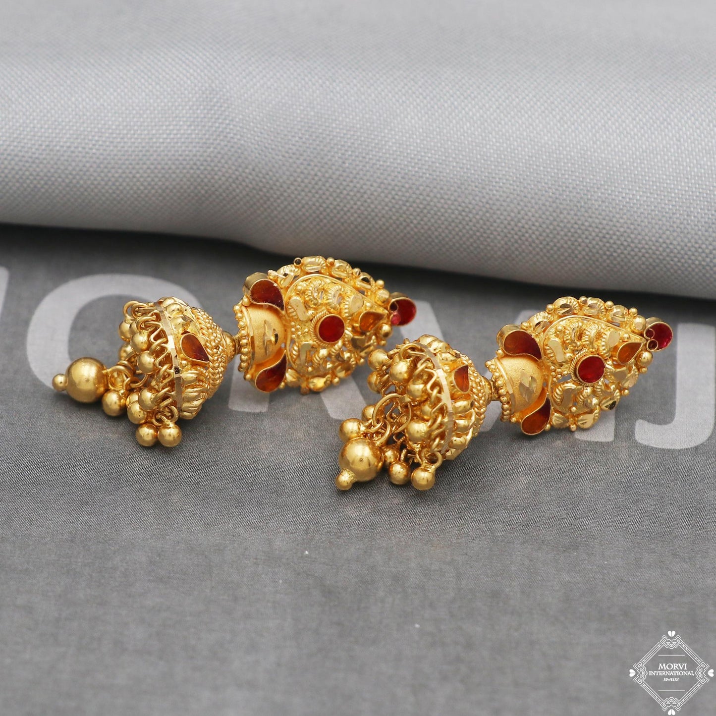 22k Gold Jhumka Earrings with beads, Handmade Indian Wedding Jewelry