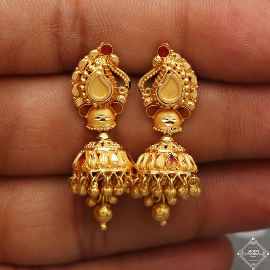 22 karat Yellow Gold Earrings Jhumka , handmade vintage Pure Traditional wedding indian style Dangle Jhumki Earrings Chandelier, K5250