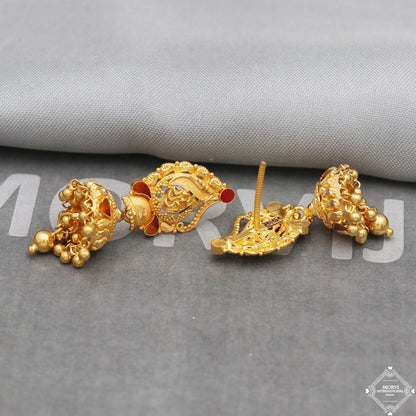22 karat Gold Earrings Jhumka jewelry , handmade vintage Pure Traditional wedding indian style Dangle Jhumki Earrings Chandelier, K5251