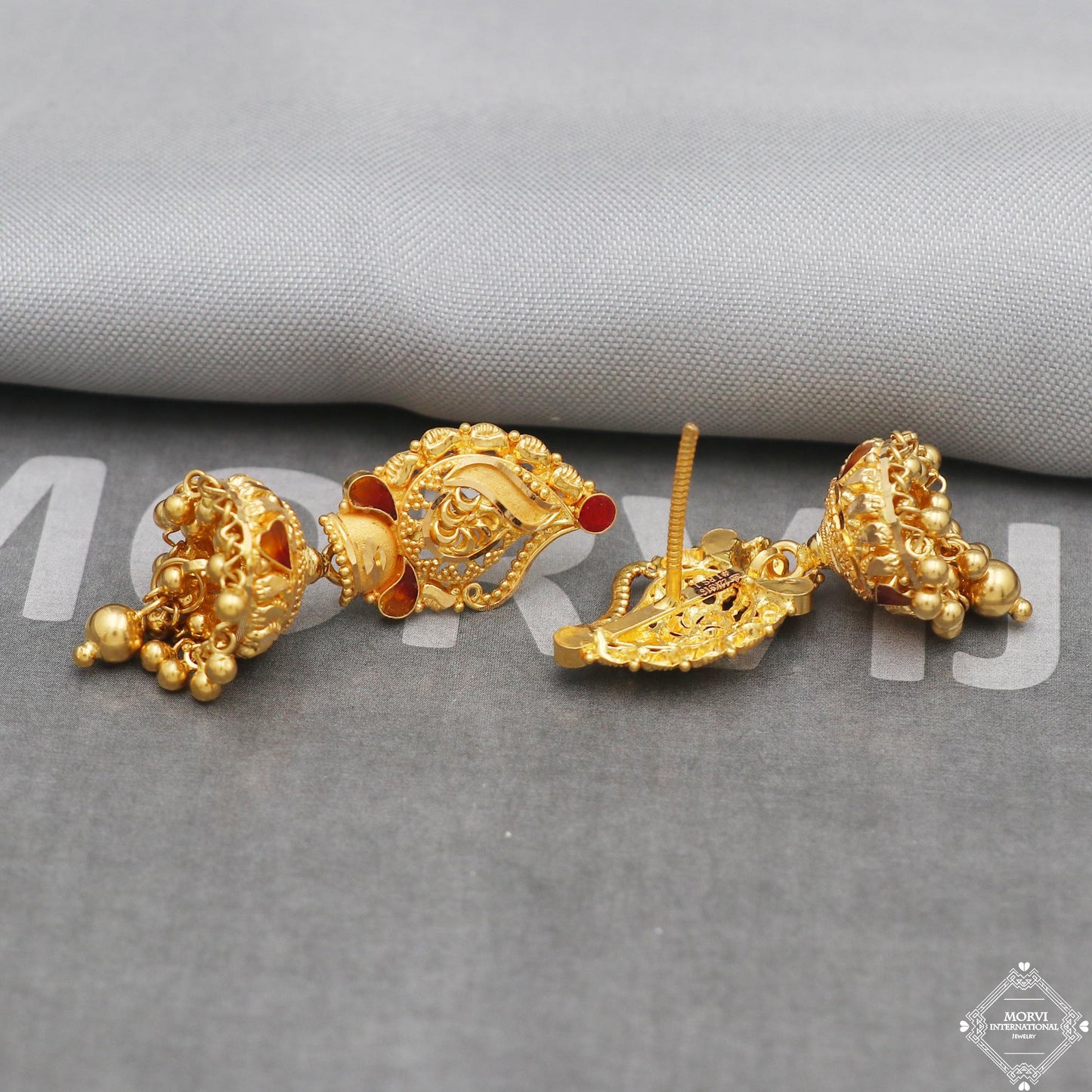 22 karat Gold Earrings Jhumka jewelry , handmade vintage Pure Traditional wedding indian style Dangle Jhumki Earrings Chandelier, K5251