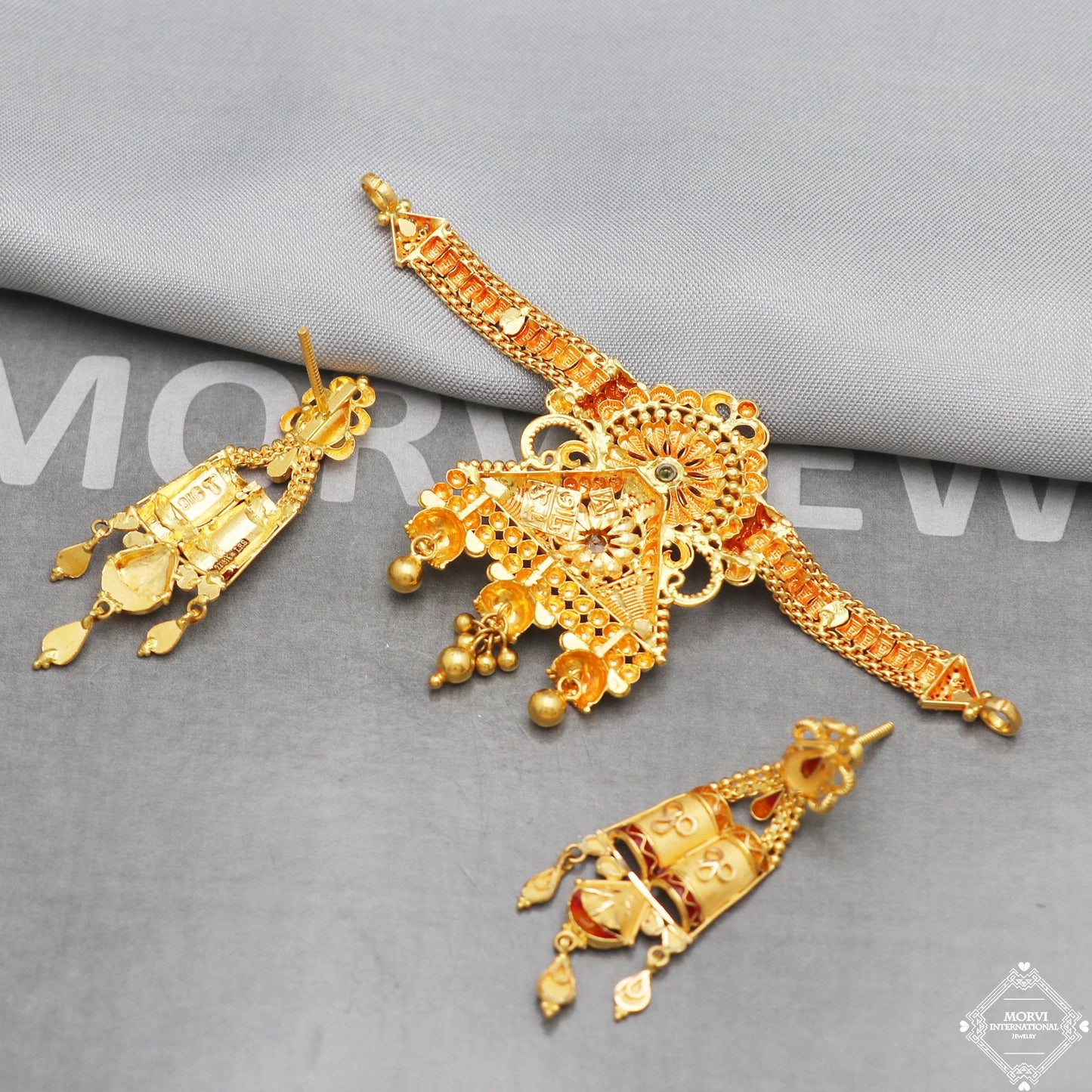 Pure 22k yellow gold choker necklace earrings set, K5261