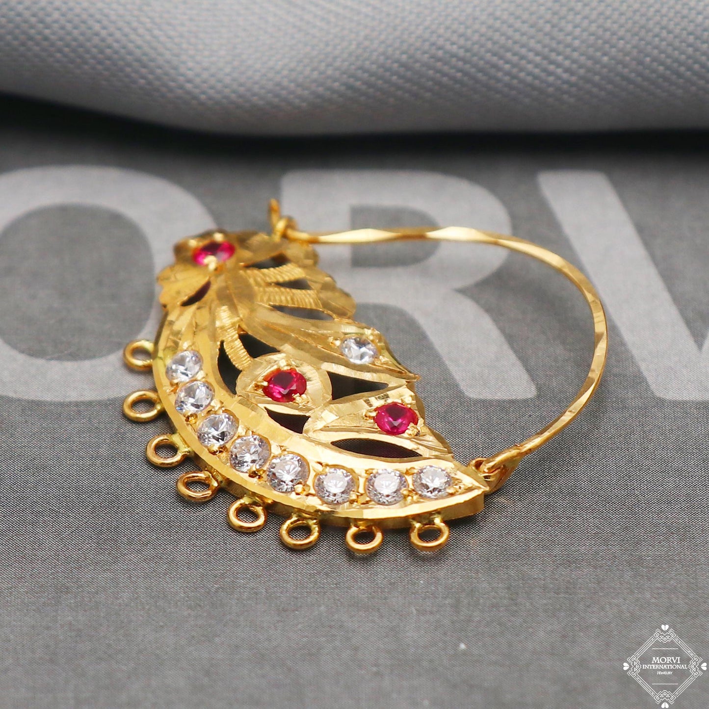 22k gold nose ring with a leaf design white and pink stones Handmade Fusion Boho ethnic jewelry for women gift, K5313
