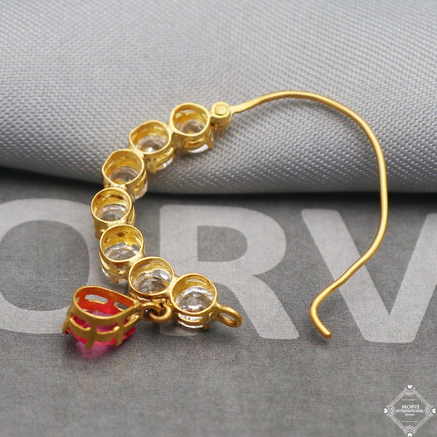 22kt 22k gold white stones and pink stone nose ring nath indian jewelry, K5314