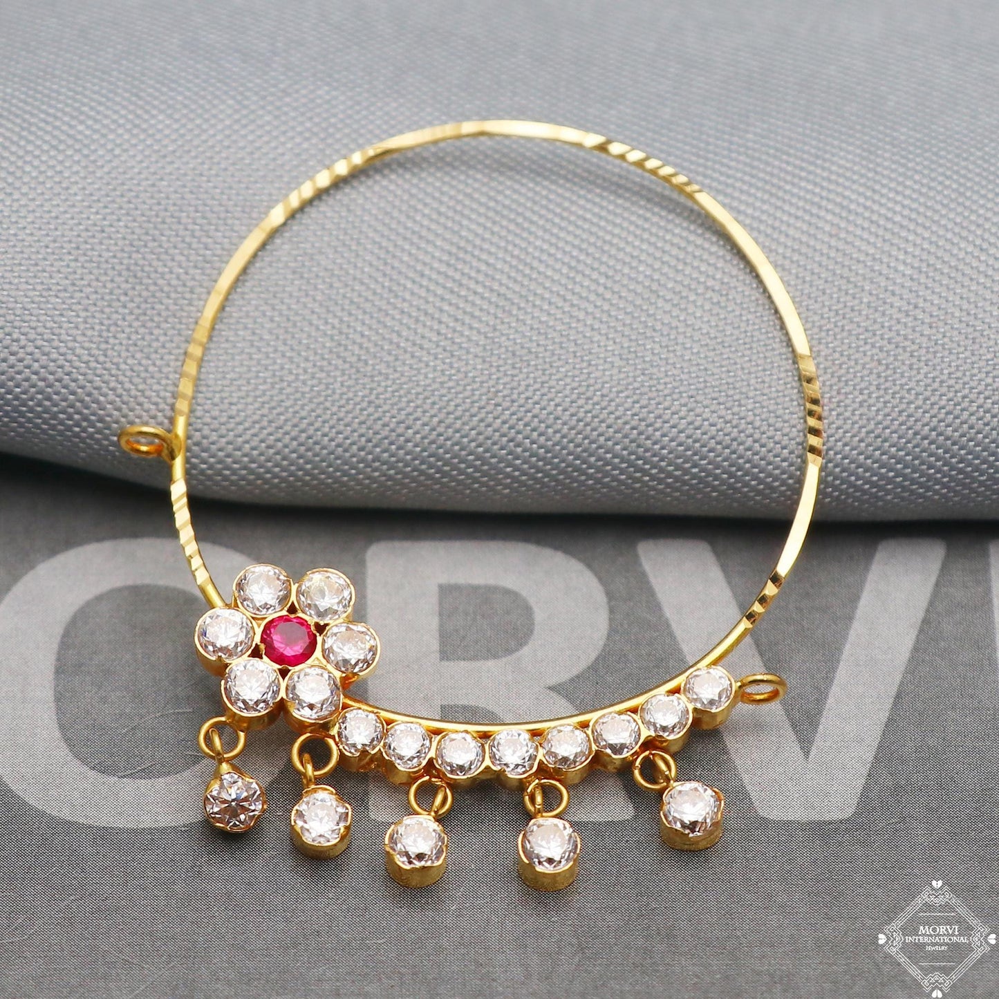 Zircon 22k Yellow Gold Hoop Nose Ring Pin Nath Jewelry, K5323