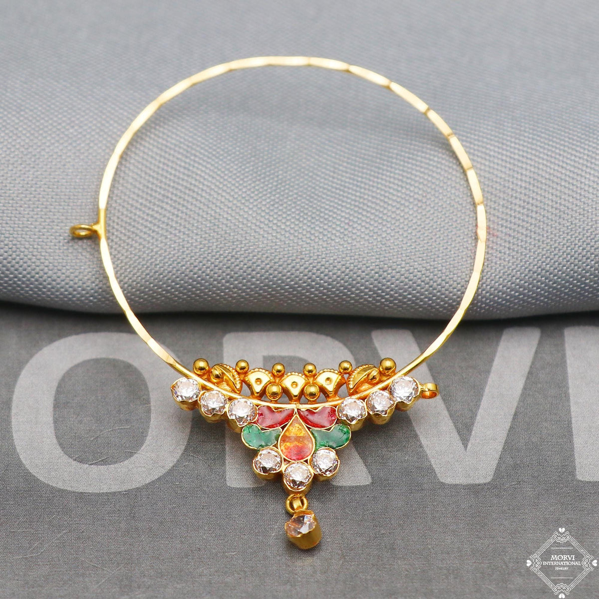 22k Yellow Gold Hoop Nose Ring Pin Nath, Multi Stone Nath Jewelry for Gift, K5325