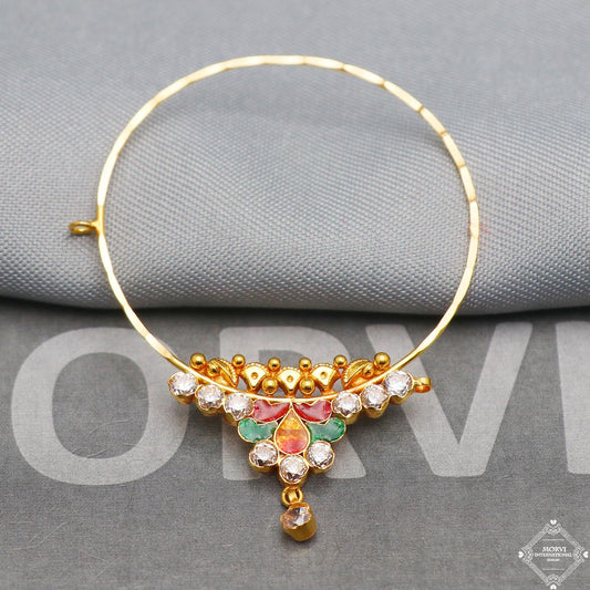 22k Yellow Gold Hoop Nose Ring Pin Nath, Multi Stone Nath Jewelry for Gift, K5325