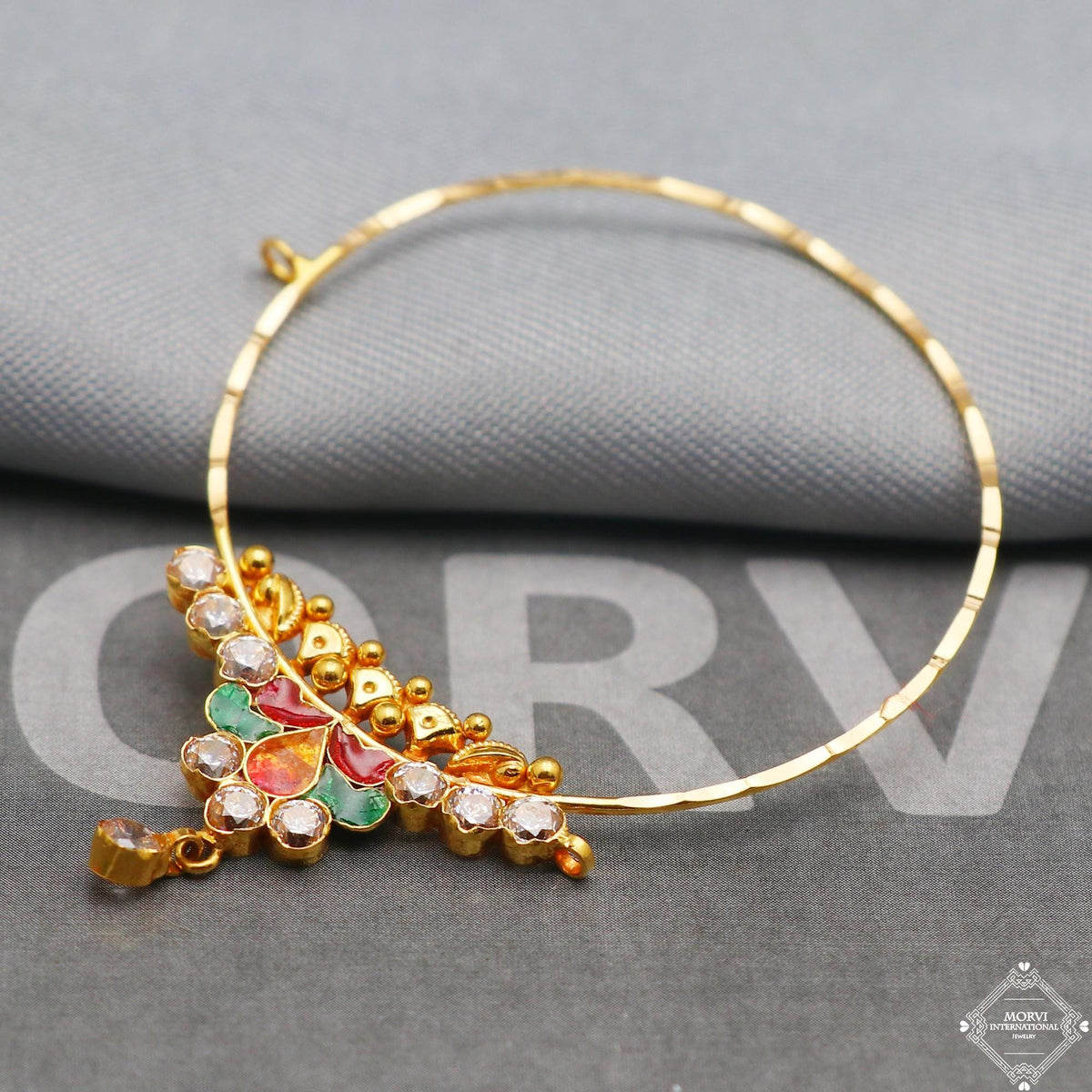 22k Yellow Gold Hoop Nose Ring Pin Nath, Multi Stone Nath Jewelry for Gift, K5325