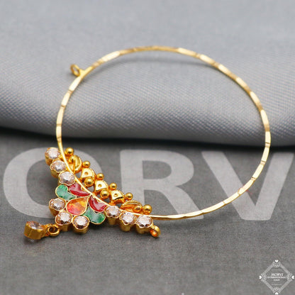 22k Yellow Gold Hoop Nose Ring Pin Nath, Multi Stone Nath Jewelry for Gift, K5325