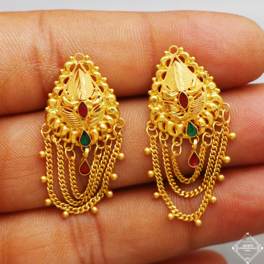 ethnic gold earrings dangling chain, 22k gold earrings, K5337