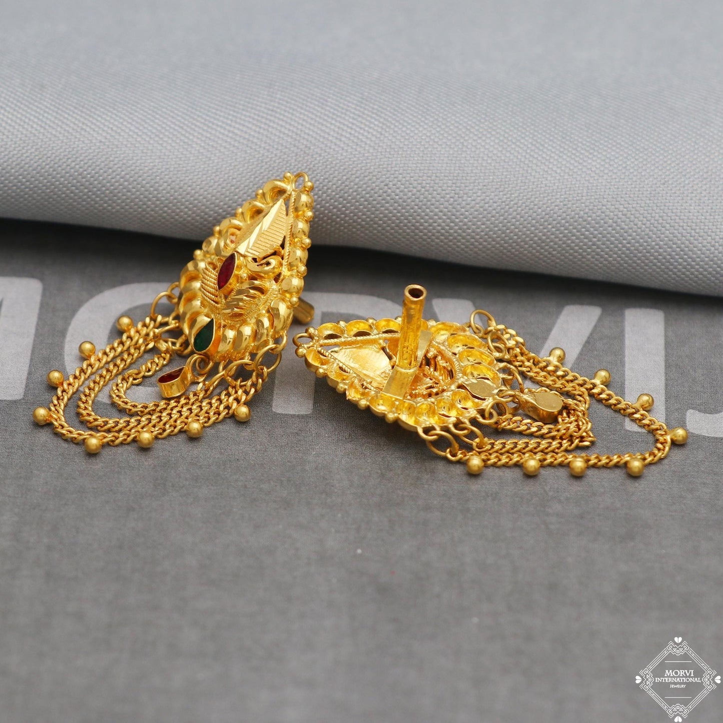 ethnic gold earrings dangling chain, 22k gold earrings, K5337