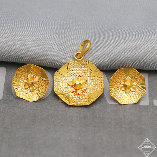 22k Yellow Gold Carved Pendant & Stud Earring Set for Women | Indian Jewelry Gift, K5340