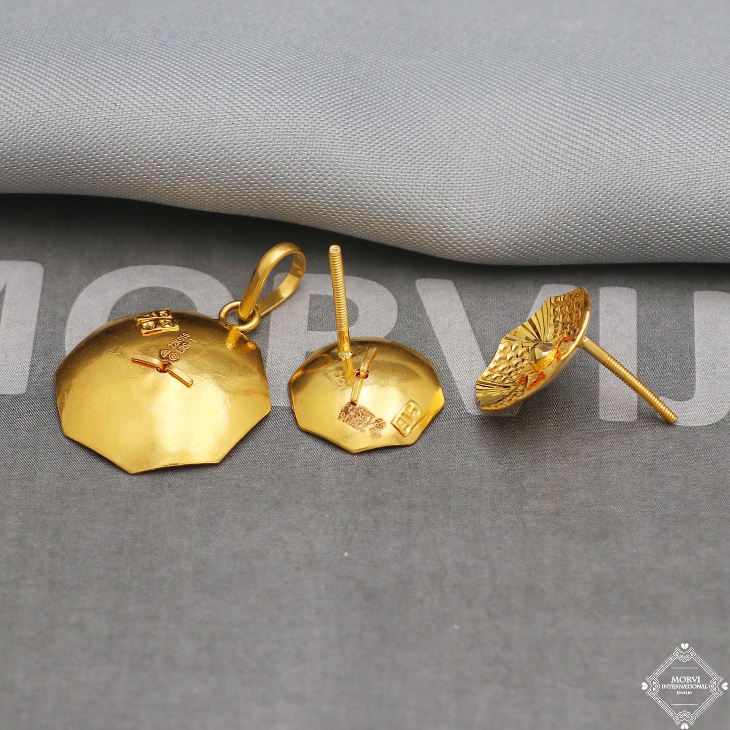 22k Yellow Gold Carved Pendant & Stud Earring Set for Women | Indian Jewelry Gift, K5340