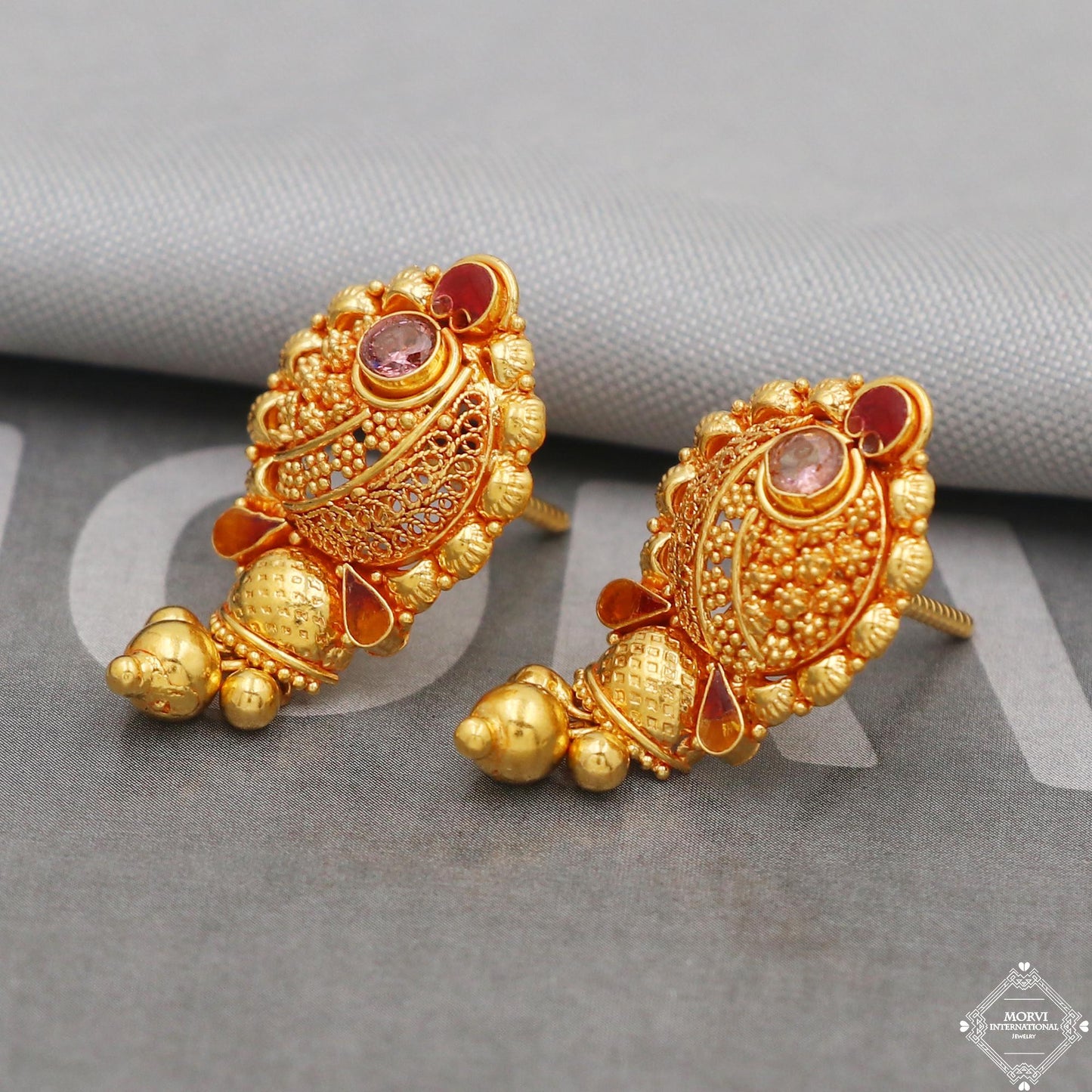Filigree 22k Yellow Gold Earrings Handmade Indian 22kt Gold Bell Earrings Jewelry for Gift, K5125