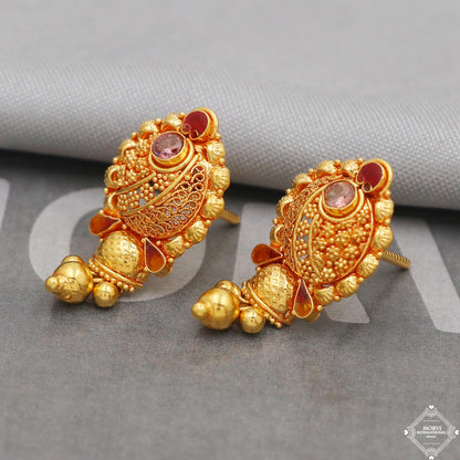 Filigree 22k Yellow Gold Earrings Handmade Indian 22kt Gold Bell Earrings Jewelry for Gift, K5125