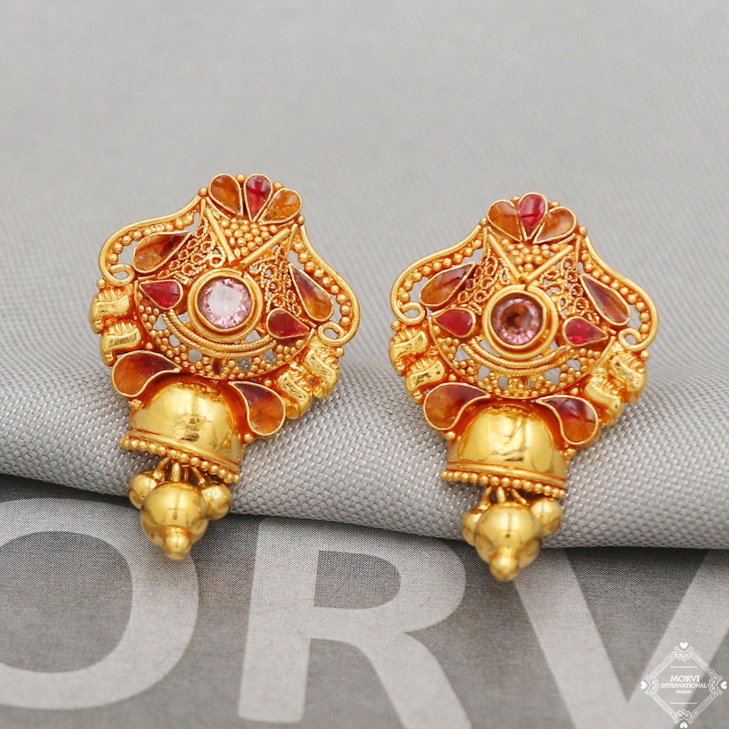 Pure 22k Gold Earrings, Solid 22kt Gold Dangling Bell Earrings Jewelry for Gift, K5126