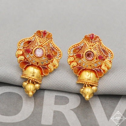 Pure 22k Gold Earrings, Solid 22kt Gold Dangling Bell Earrings Jewelry for Gift, K5126