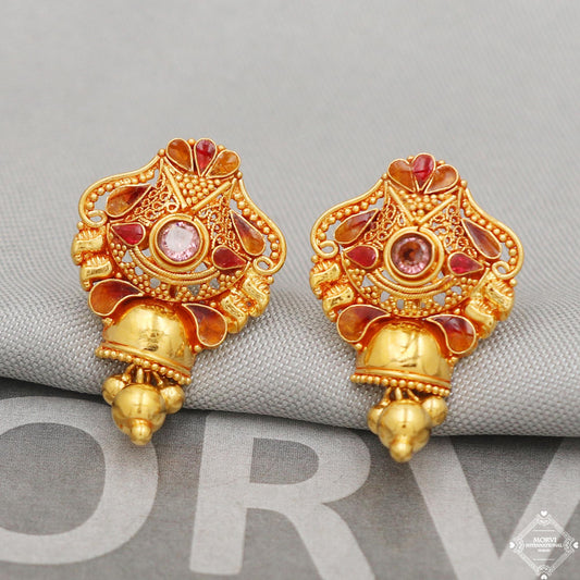 Pure 22k Gold Earrings, Solid 22kt Gold Dangling Bell Earrings Jewelry for Gift, K5126