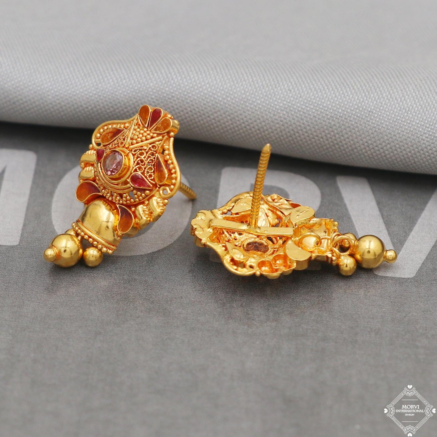 Pure 22k Gold Earrings, Solid 22kt Gold Dangling Bell Earrings Jewelry for Gift, K5126