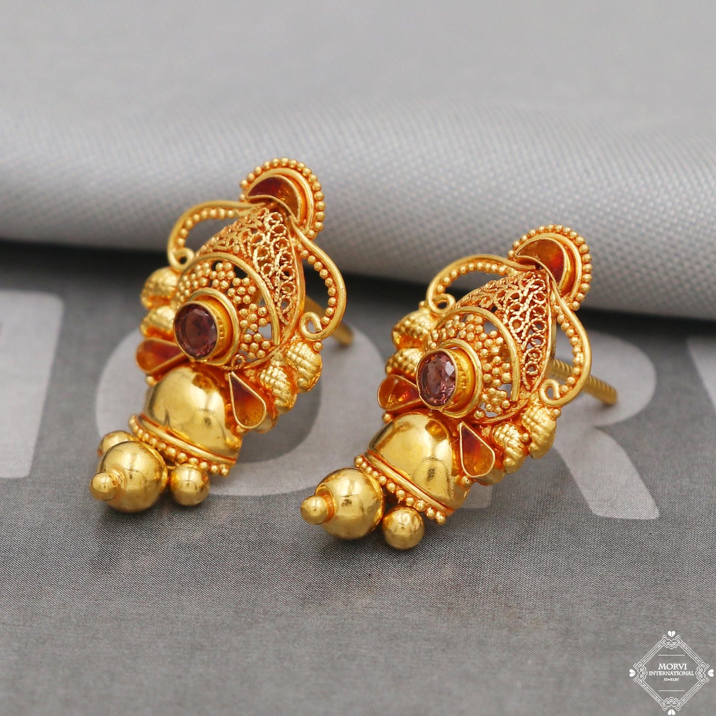 22k Yellow Gold Earrings Unique Handmade Indian 22kt Gold Dangling Bell Earrings Jewelry for Gift, K5127