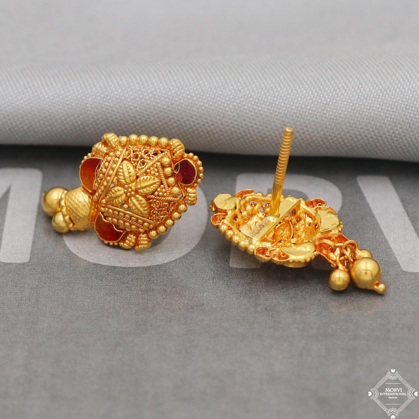 Handmade 22k Gold Flower Earrings, Indian Jewelry Gift