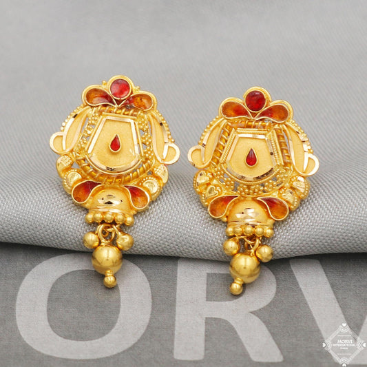 22k 22 karat Gold Earrings Unique Handmade Indian 22kt Gold Stud Dangling Bells Earrings Jewelry for Gift, K5132