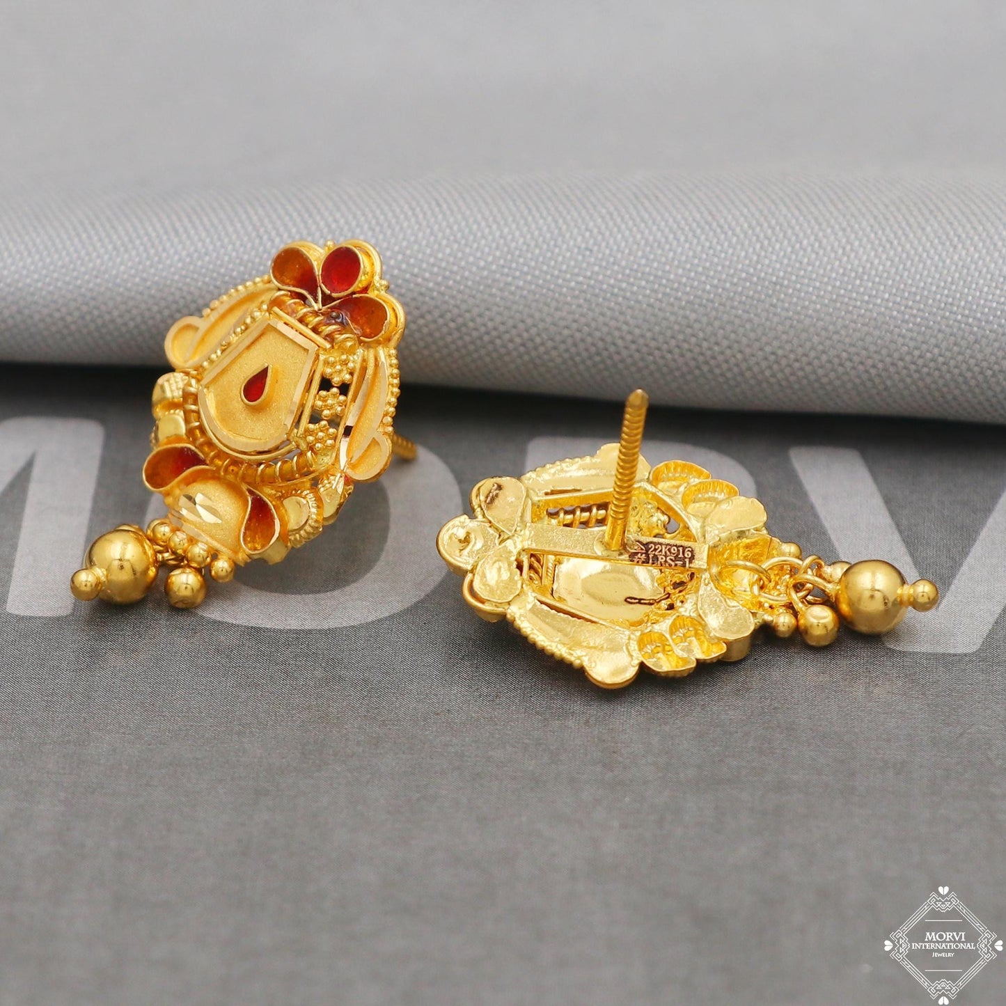 22k 22 karat Gold Earrings Unique Handmade Indian 22kt Gold Stud Dangling Bells Earrings Jewelry for Gift, K5132