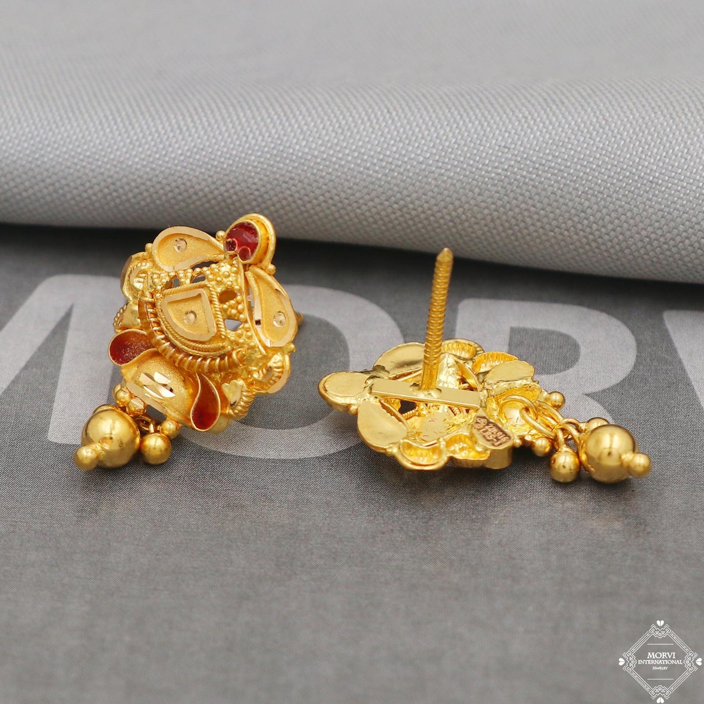 22 karat 22k Yellow Gold Earrings Handmade Indian 22kt Gold Stud Dangling Bells Earrings Jewelry for Gift, K5133