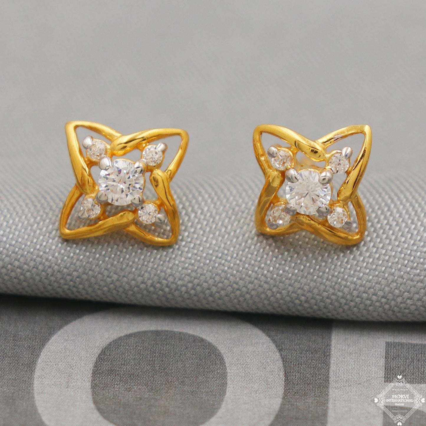 22k Yellow Gold Earrings Square Unique Handmade Indian 22kt Gold Stud White Stone Earrings Jewelry for Gift, K5141