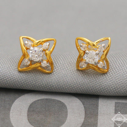 22k Yellow Gold Earrings Square Unique Handmade Indian 22kt Gold Stud White Stone Earrings Jewelry for Gift, K5141