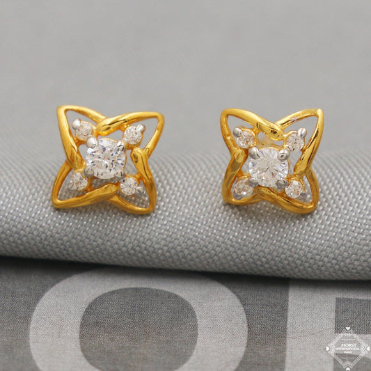 22k Yellow Gold Earrings Square Unique Handmade Indian 22kt Gold Stud White Stone Earrings Jewelry for Gift, K5141