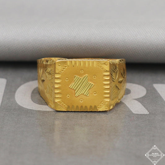Signet Style Gold Ring, India Hand Made star Carved Solid 22kt Gold Ring Jewelry for Gift
