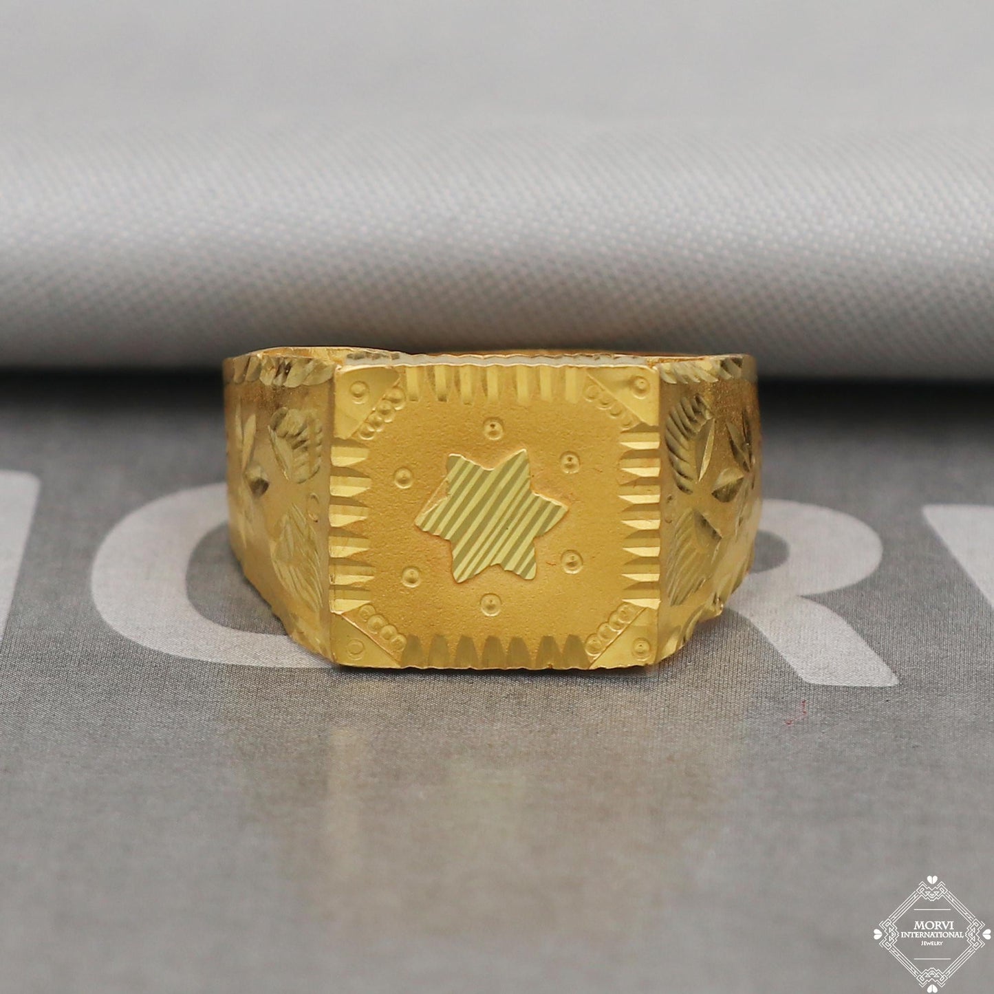 Signet Style Gold Ring, India Hand Made star Carved Solid 22kt Gold Ring Jewelry for Gift