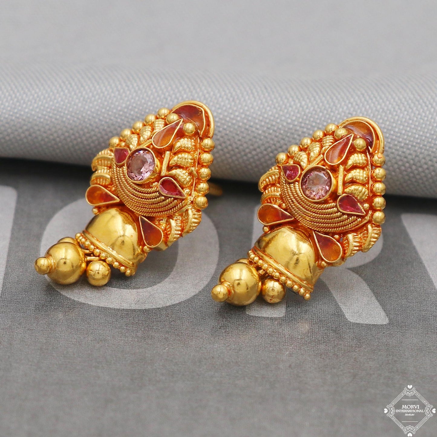 22k Gold Earrings Dangle Bells Party Wear Handmade Indian 22kt Gold Dangle screw back Earrings Jewelry for Gift, K5163