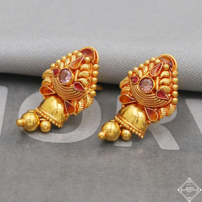 22k Gold Earrings Dangle Bells Party Wear Handmade Indian 22kt Gold Dangle screw back Earrings Jewelry for Gift, K5163