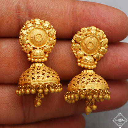 22k Yellow Gold Earrings Jhumka jewelry , handmade vintage Pure Traditional wedding indian style Dangle Jhumki Earrings Chandelier, K5237