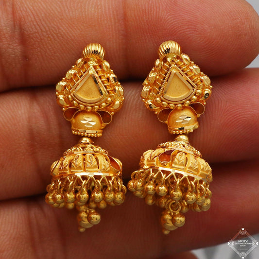 Handcrafted Solid Pure 22k Gold Earrings Jhumka jewelry, Women Gold Earrings  K5239