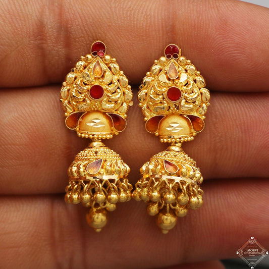 22k Gold Jhumka Earrings with beads, Handmade Indian Wedding Jewelry