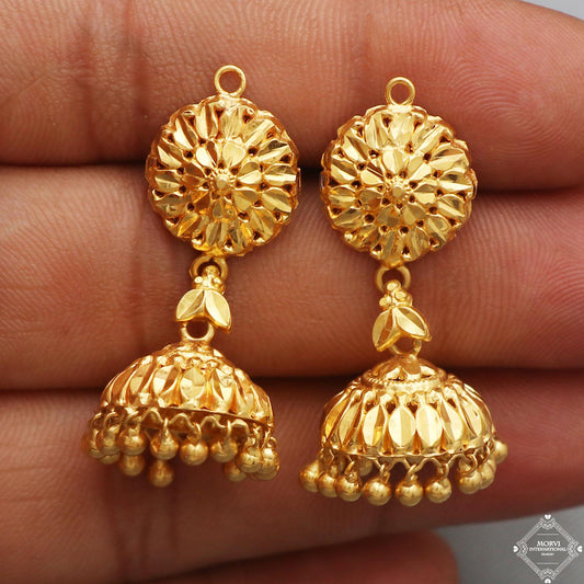22k Yellow Gold Jhumka Dangle Earrings Chandelier jewelry, 18k handmade vintage Pure Traditional wedding indian style Jhumki Earrings, K5248