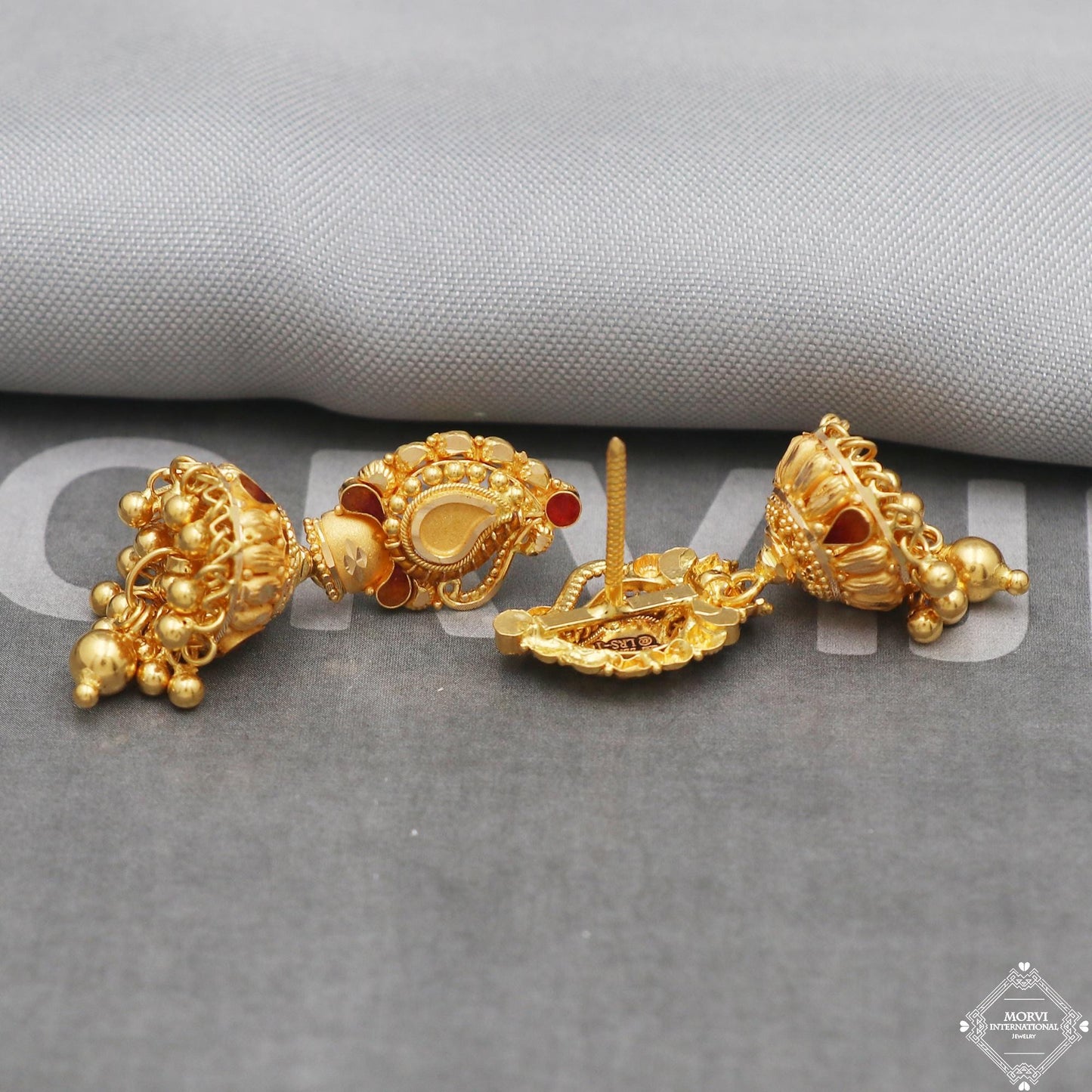 22 karat Yellow Gold Earrings Jhumka , handmade vintage Pure Traditional wedding indian style Dangle Jhumki Earrings Chandelier, K5250