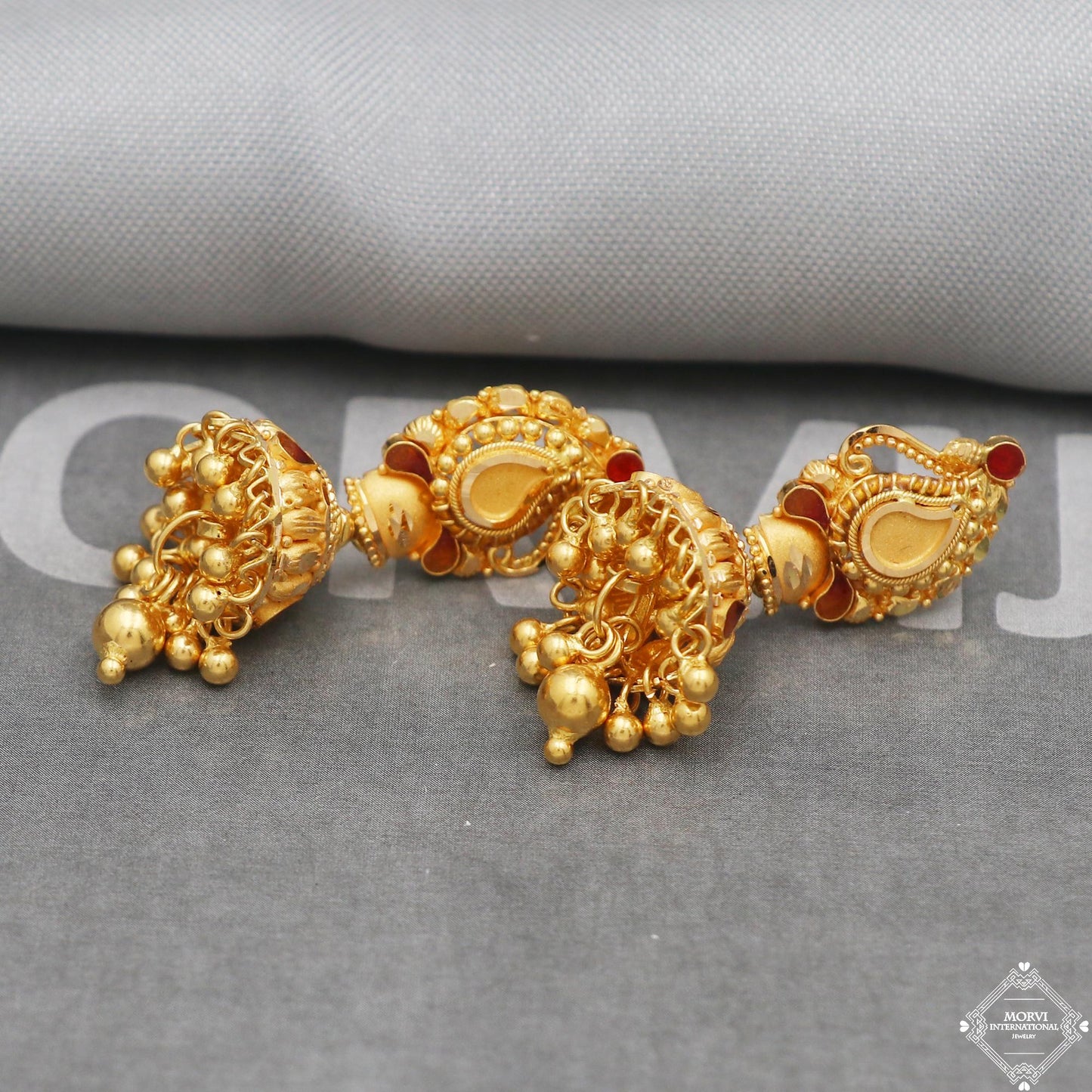 22 karat Yellow Gold Earrings Jhumka , handmade vintage Pure Traditional wedding indian style Dangle Jhumki Earrings Chandelier, K5250