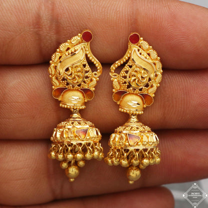 22 karat Gold Earrings Jhumka jewelry , handmade vintage Pure Traditional wedding indian style Dangle Jhumki Earrings Chandelier, K5251