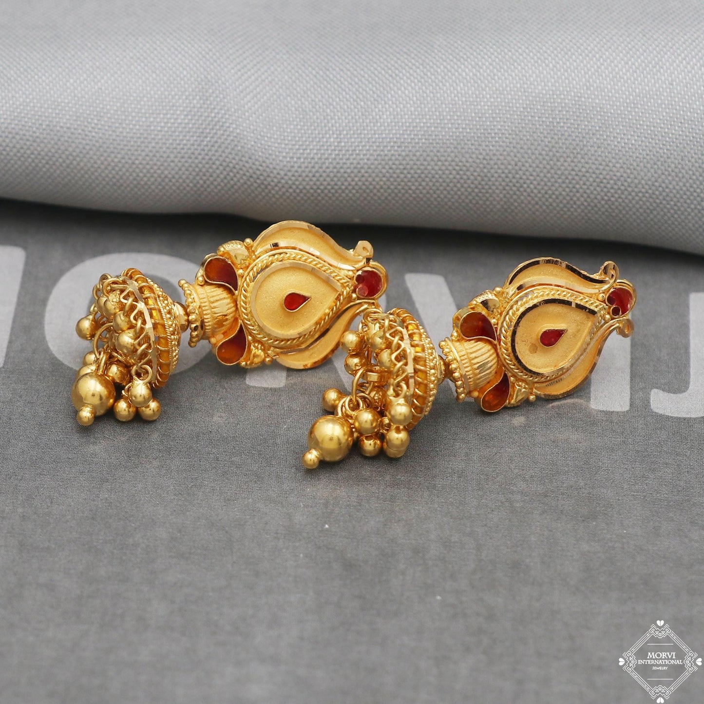 22k Yellow Gold Earrings Jhumka jewelry , handmade vintage Pure Traditional wedding indian style Dangle Jhumki Earrings Chandelier, K5254