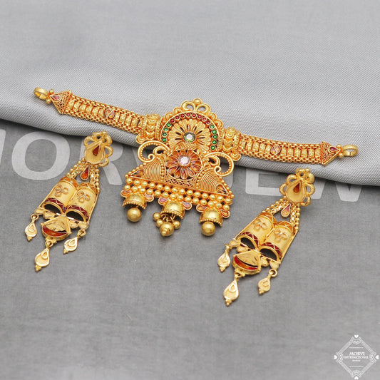 Pure 22k yellow gold choker necklace earrings set, K5261