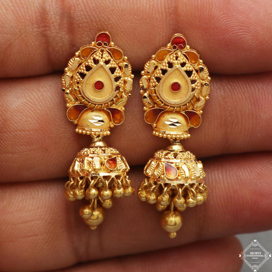 22k Yellow Gold Earrings Jhumki jewelry , handmade vintage Pure Traditional wedding indian style Dangle Jhumki Earrings Chandelier, K5264