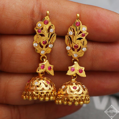 real gold jhumka earrings indian handmade women jewelry vintage tribal antique style design, 18k  22k gold, screw back or K5292