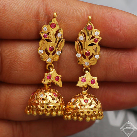 real gold jhumka earrings indian handmade women jewelry vintage tribal antique style design, 18k  22k gold, screw back or K5292
