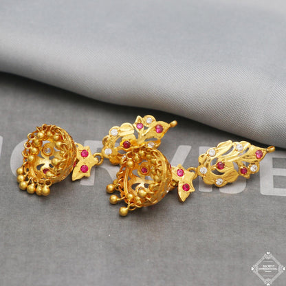 real gold jhumka earrings indian handmade women jewelry vintage tribal antique style design, 18k  22k gold, screw back or K5292