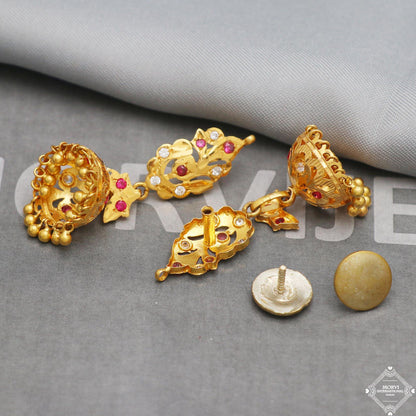 real gold jhumka earrings indian handmade women jewelry vintage tribal antique style design, 18k  22k gold, screw back or K5292