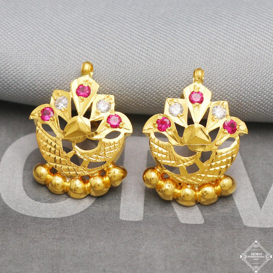 22ct Gold Earrings, Handmade vintage traditional yellow gold earrings Indian jewelry, K5295